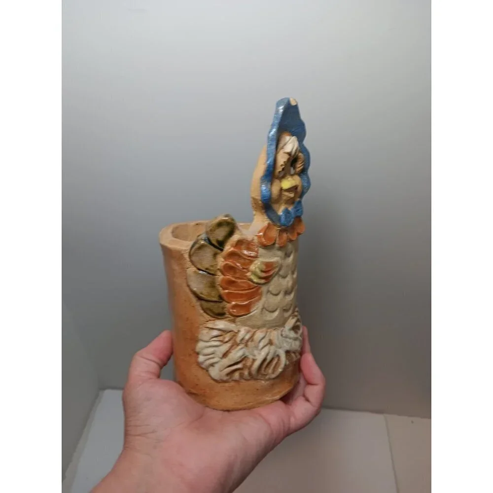 Chicken In Bonnet Pottery Utensil Holder/ Planter Whimsical Vintage Countrycore